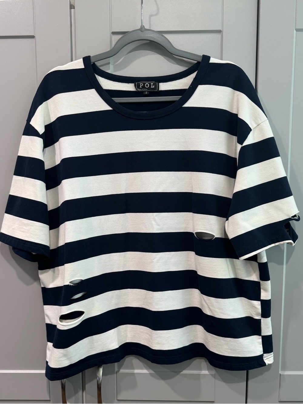 POL Oversized French Terry Navy and White Striped Tee w/Purposeful Distressing